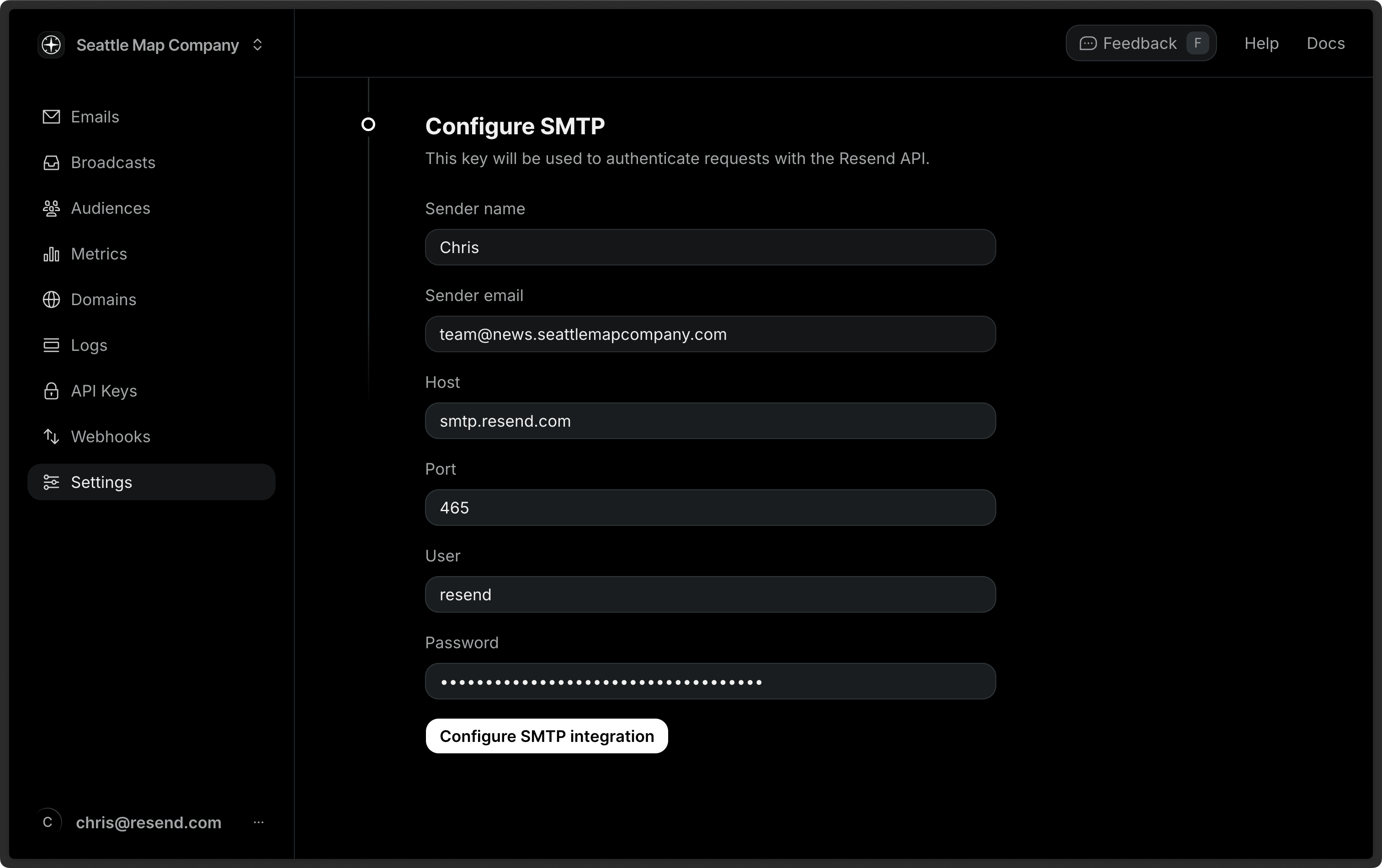 Resend Integrations settings