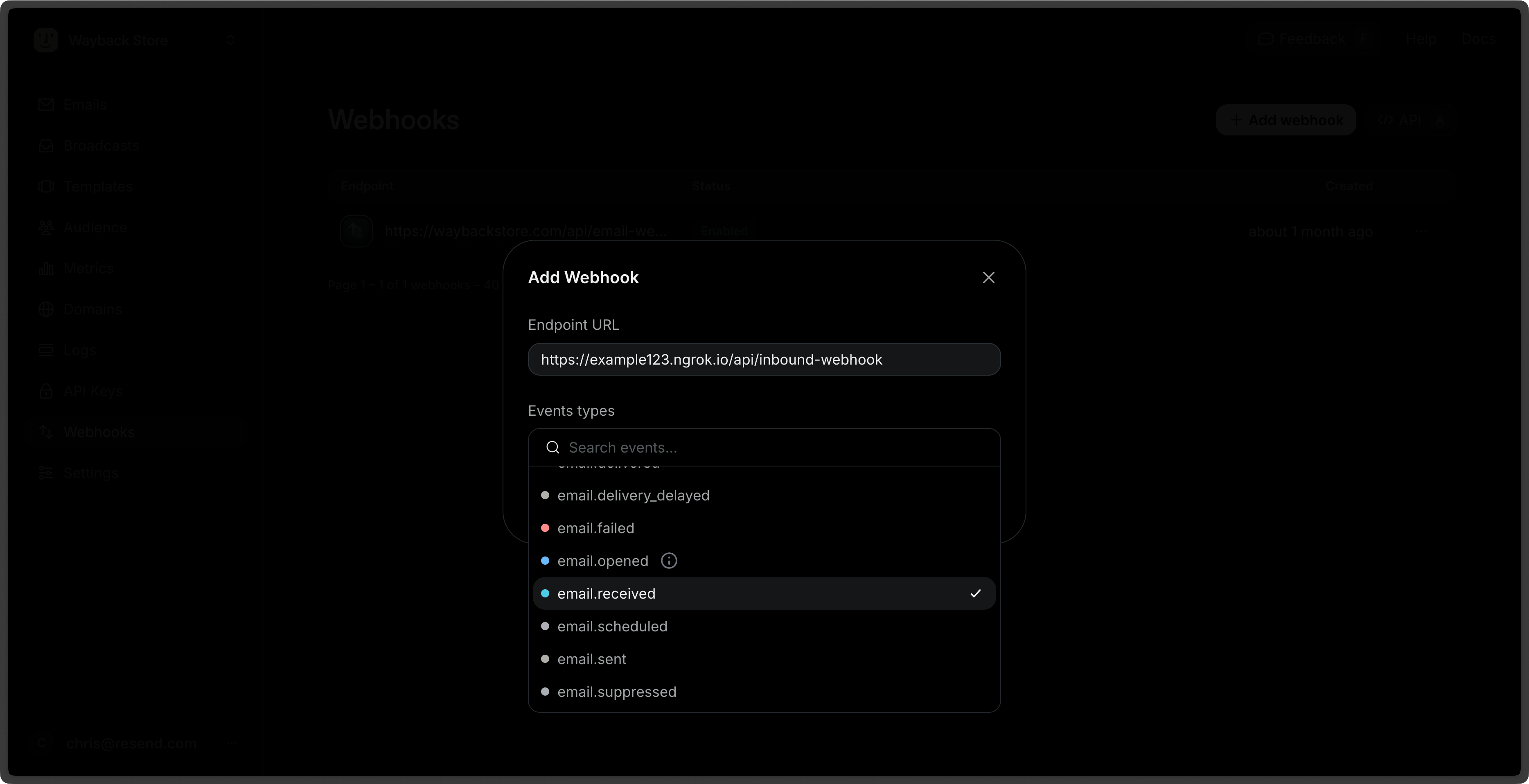 Create a webhook in Resend