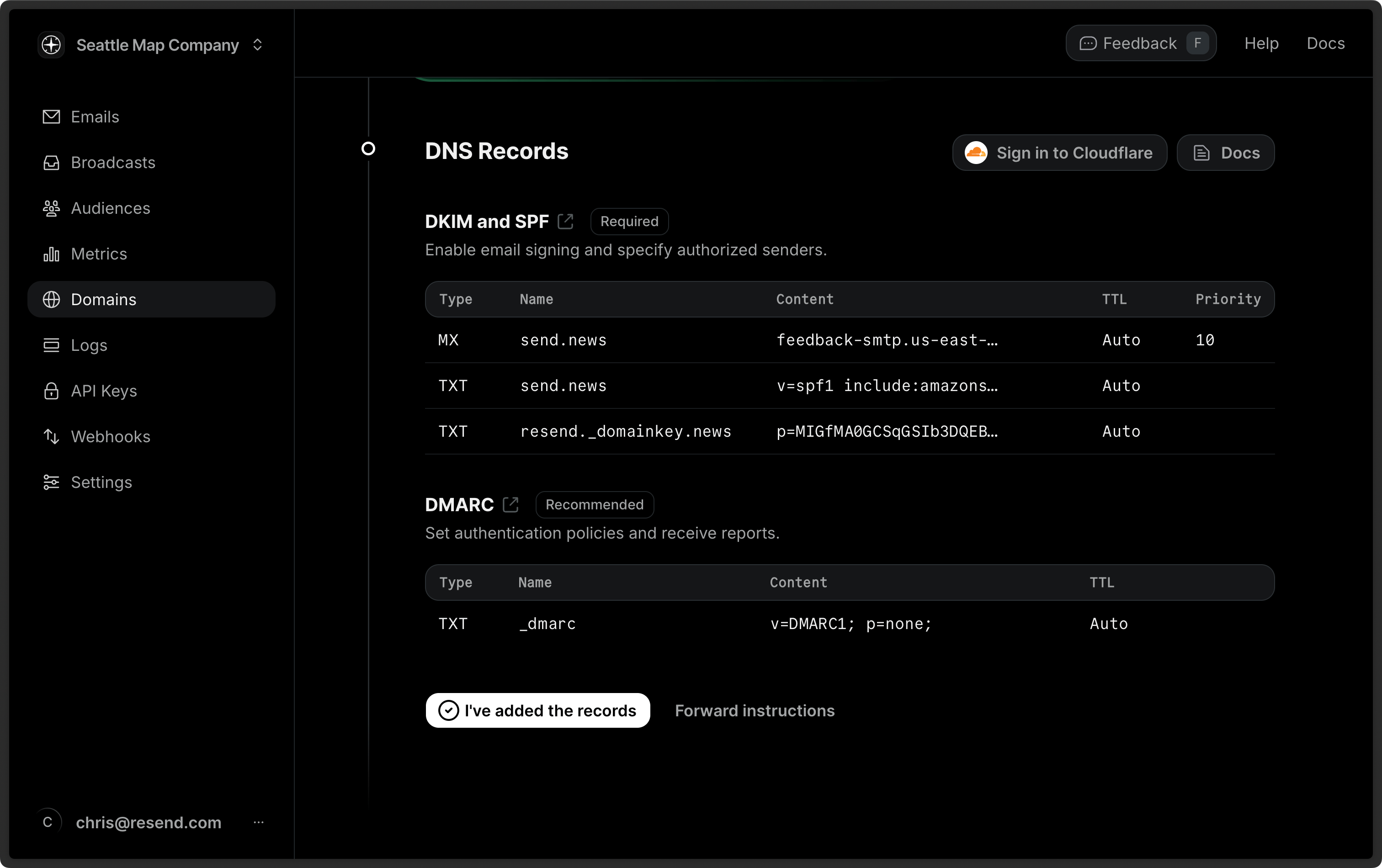 Resend Domains page