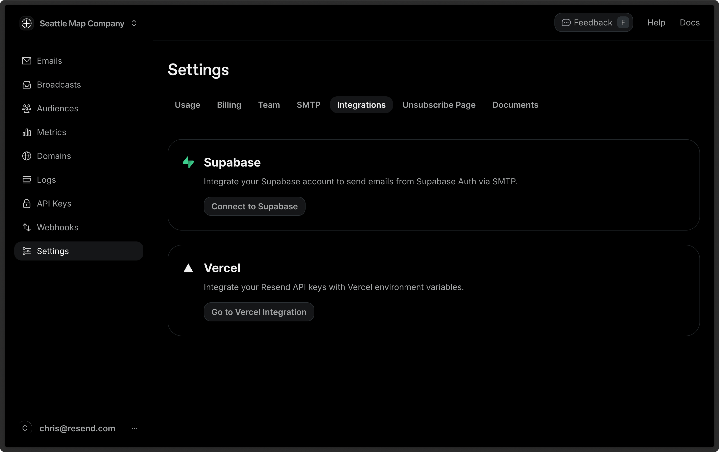 Resend Integrations settings