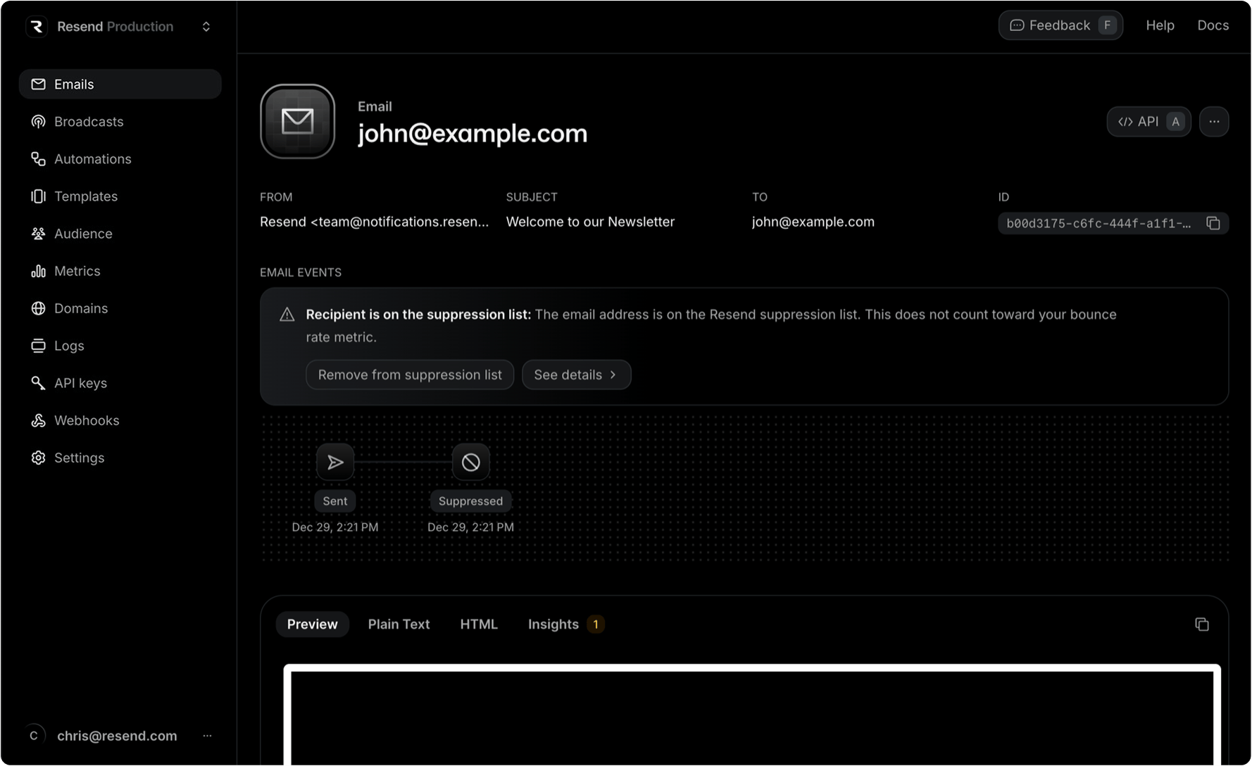 Email Suppression in Dashboard