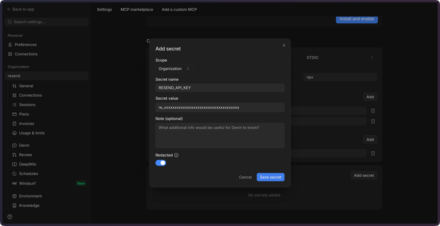 Adding the Resend API key as a Devin secret