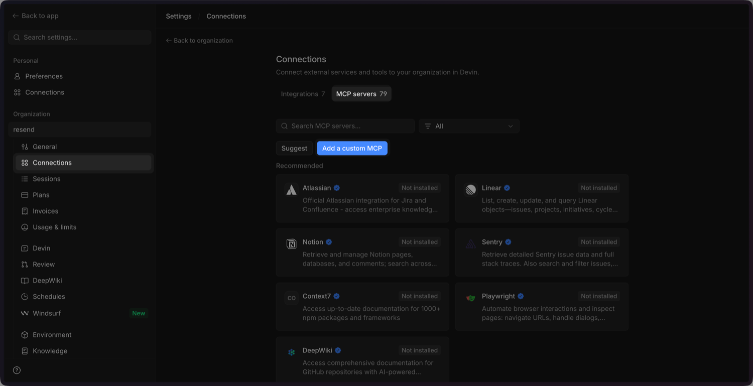 Selecting MCP Servers under Connections in Devin