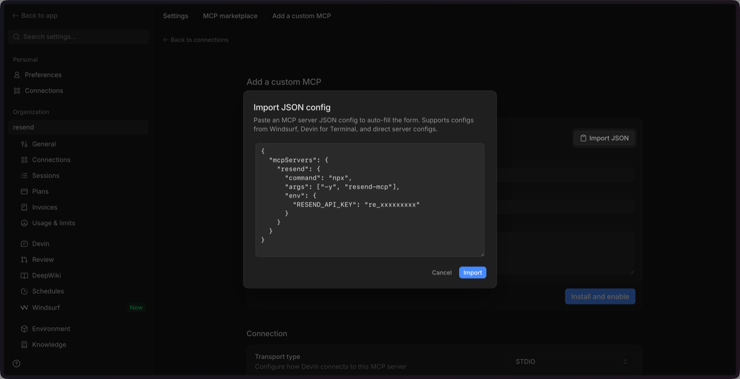 Pasting the Resend MCP configuration in Devin