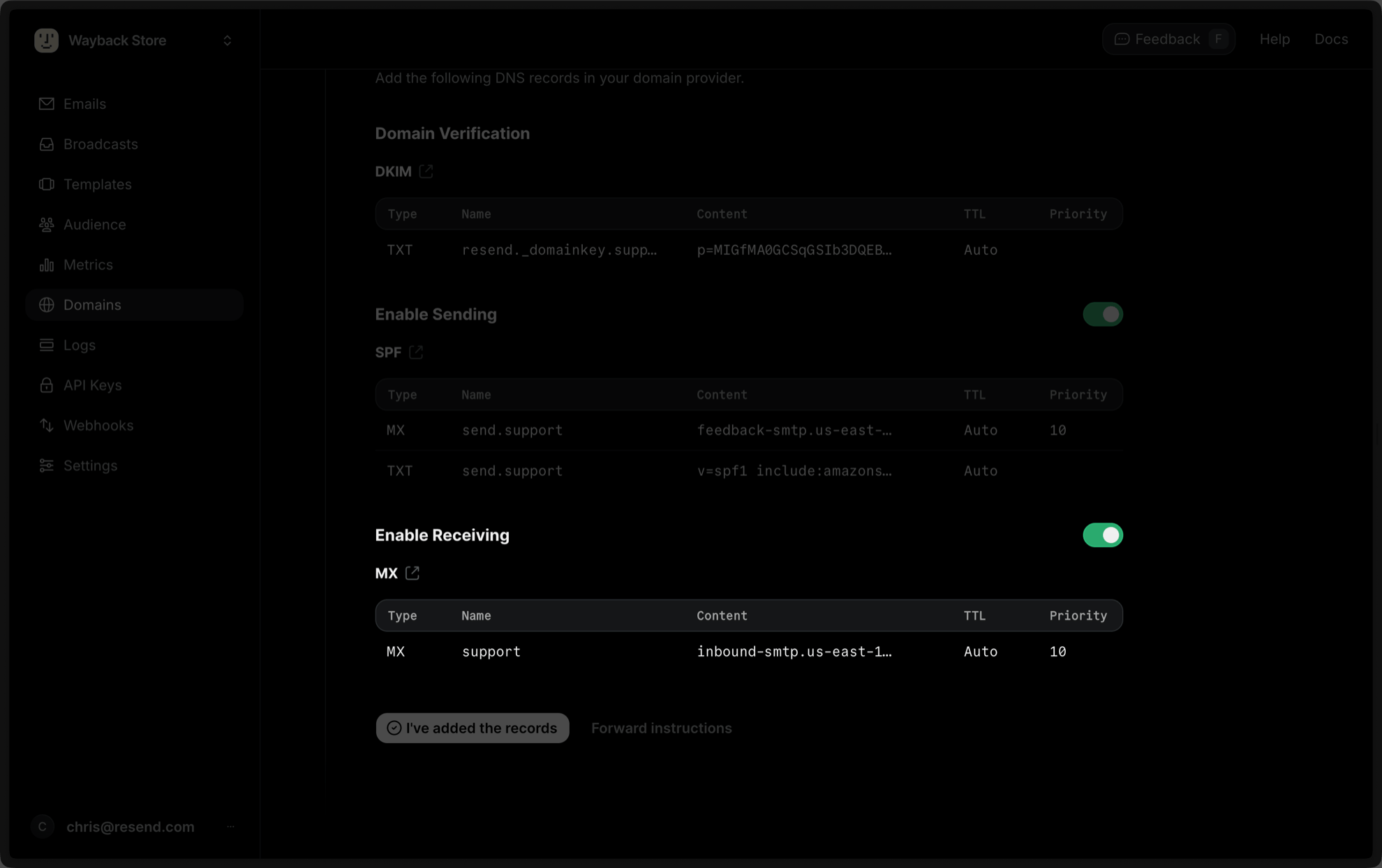 Enable Receiving Emails for a verified domain