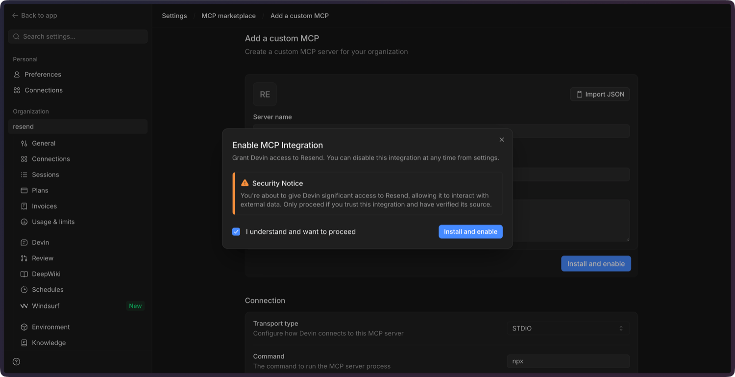 Confirming the Resend MCP server in Devin