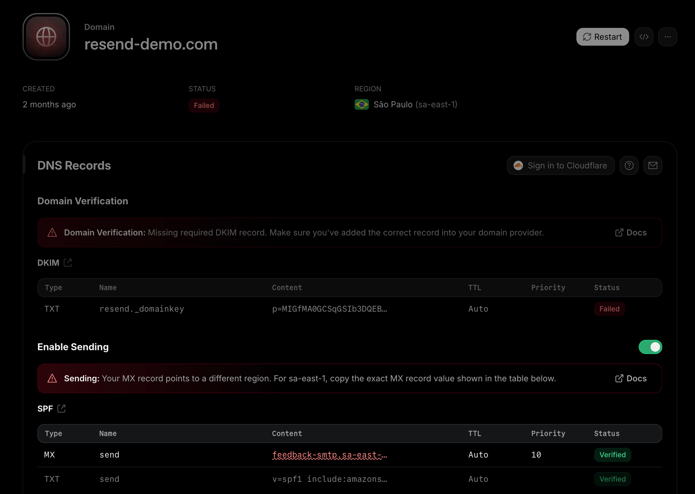 Check for errors in the domain details page