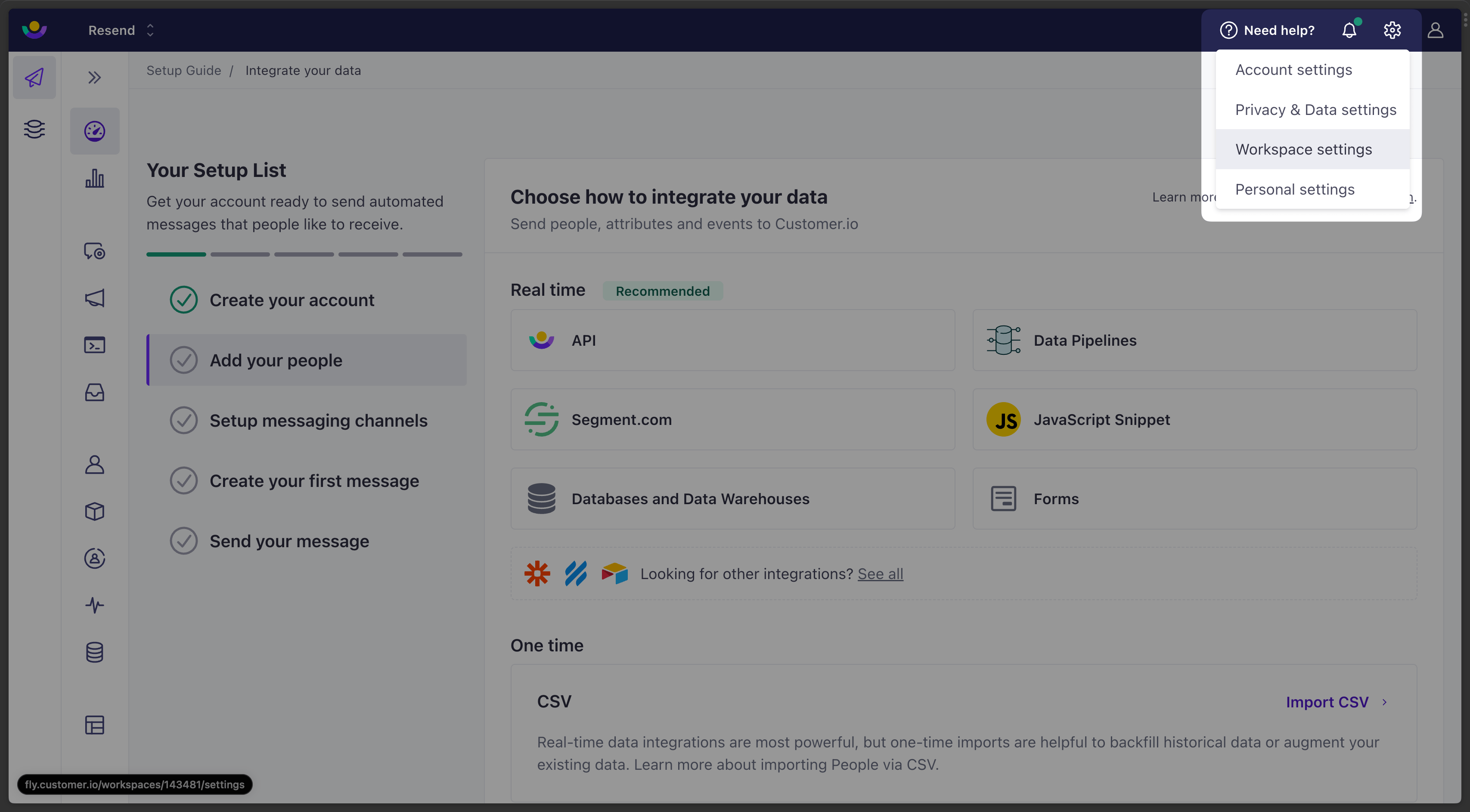 Customer.io SMTP - Workspace Settings
