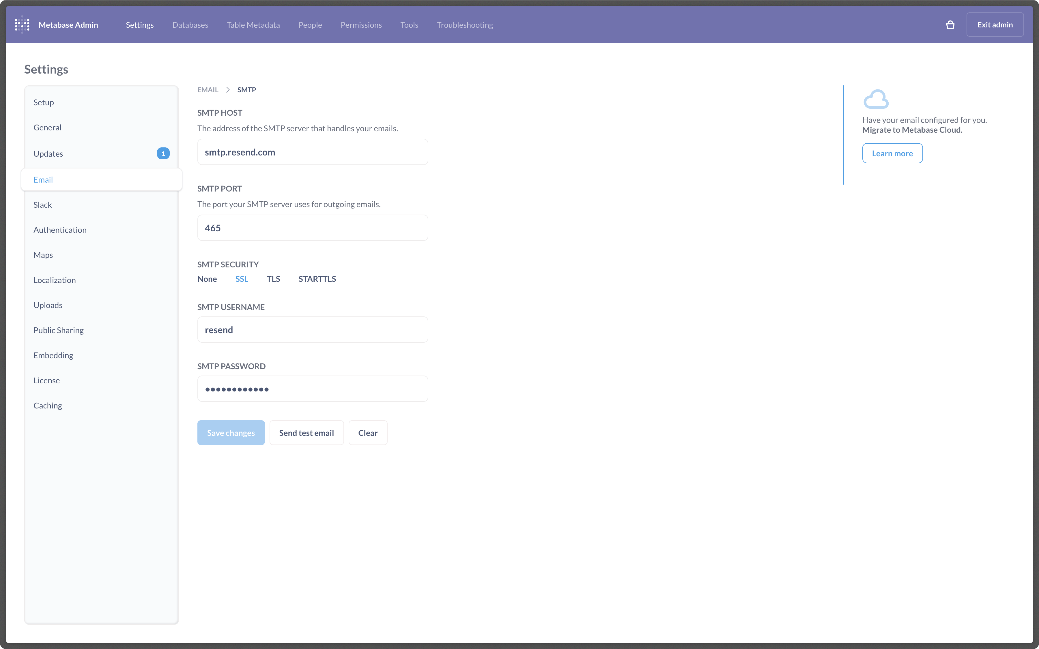 Metabase Cloud SMTP