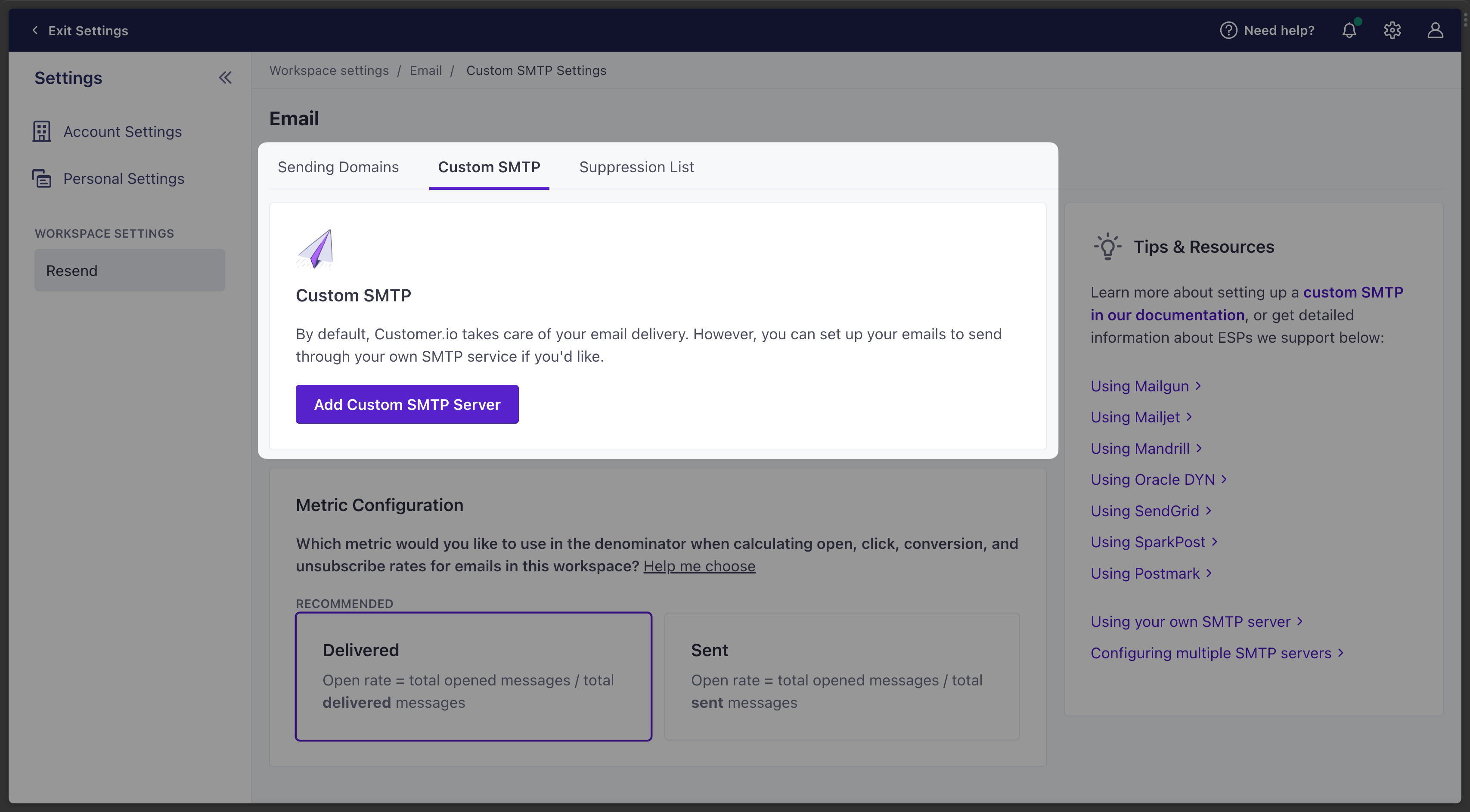 Customer.io SMTP - Add Custom SMTP Server