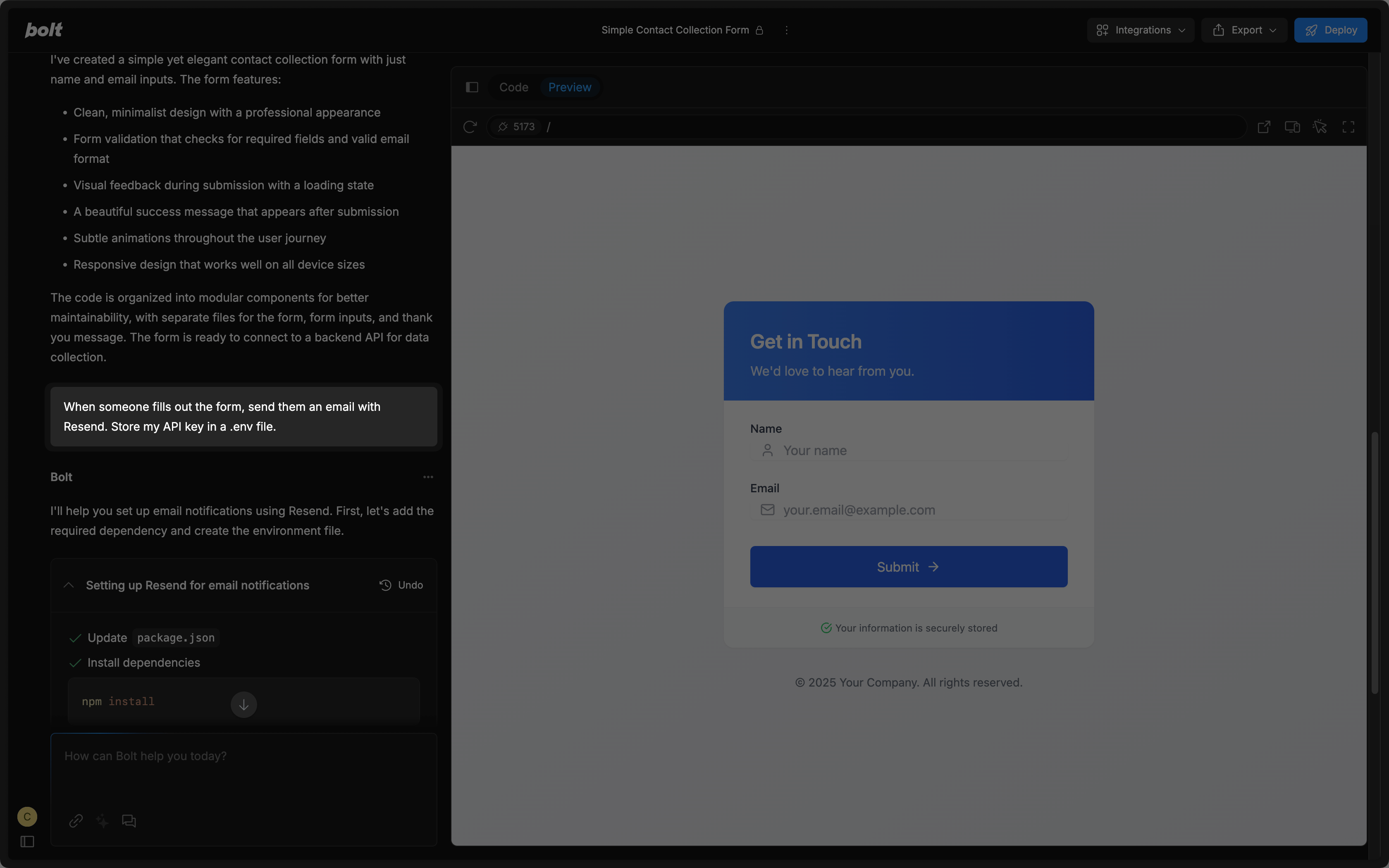 adding the Resend integration to a Bolt.new chat