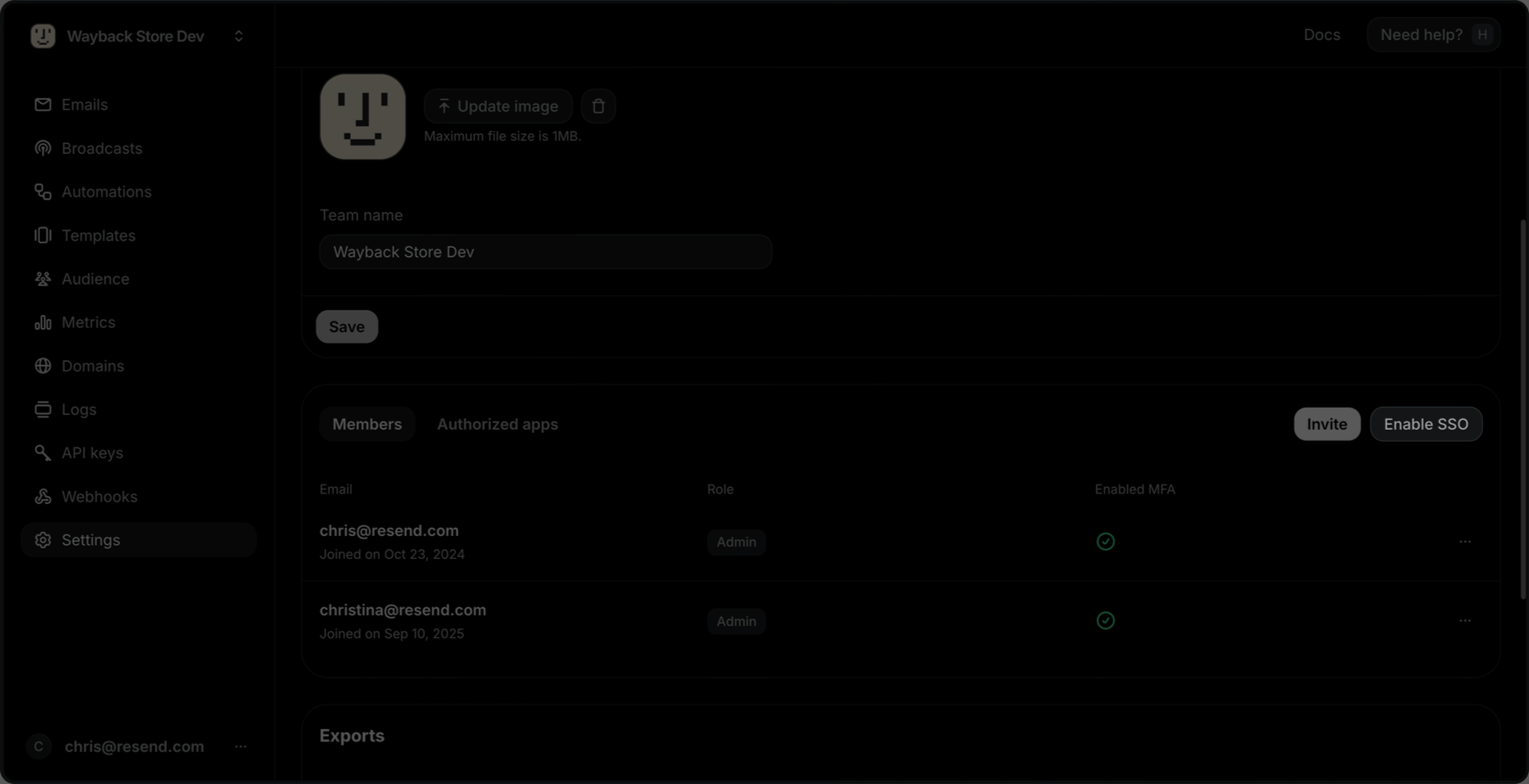 Enable SSO button highlighted in team settings