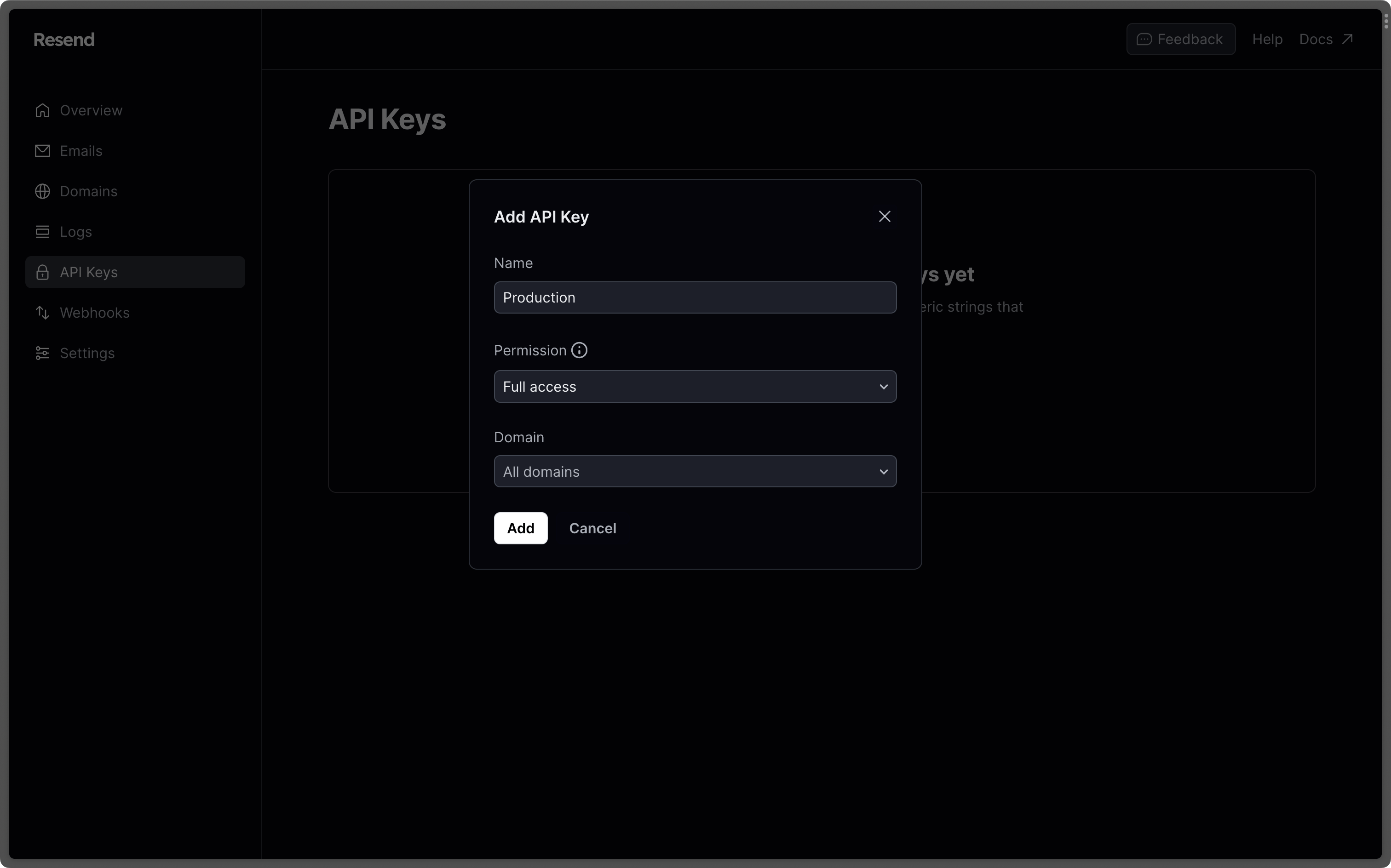 Add API Key modal in the Resend Dashboard
